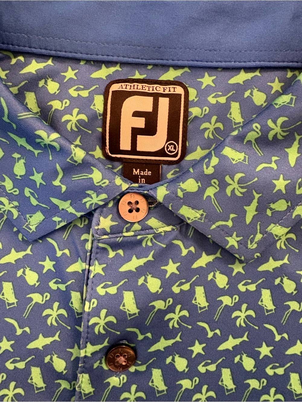 FootJoy FJ Athletic Fit XL Golf Polo Blue Green Tropical Print Performance Golf - Picture 8 of 10